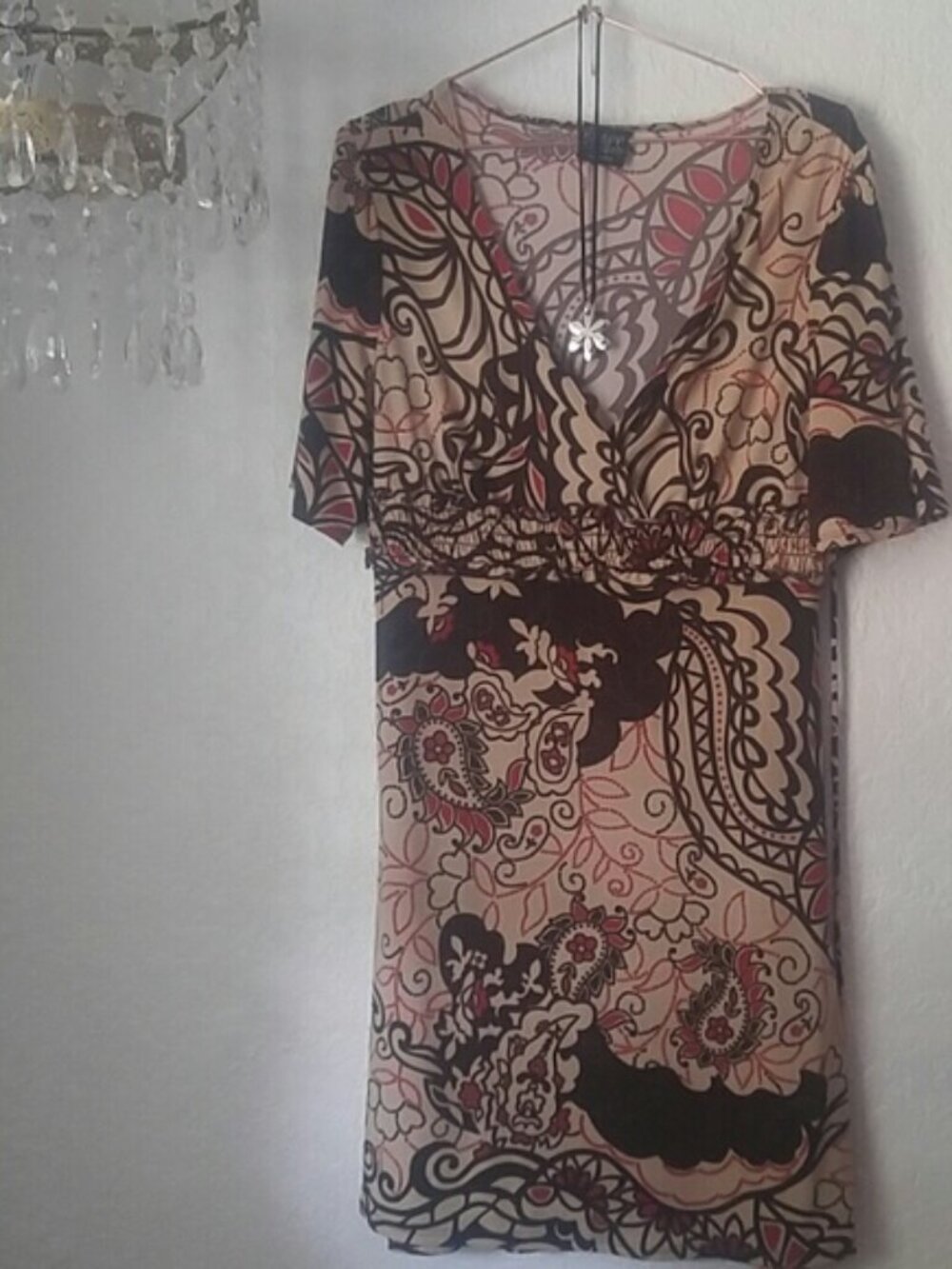 Knapp Studio PL 70's Vintage Brown Paisley Polyester Spandex V-Neck Dress
